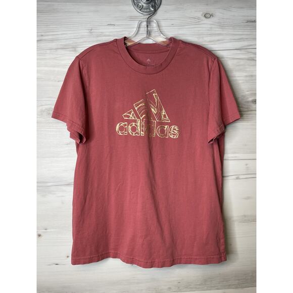 Adidas Shirt Womens Large Red Gold Graphic Logo Crewneck Casual Athletic Tee - Picture 1 of 9